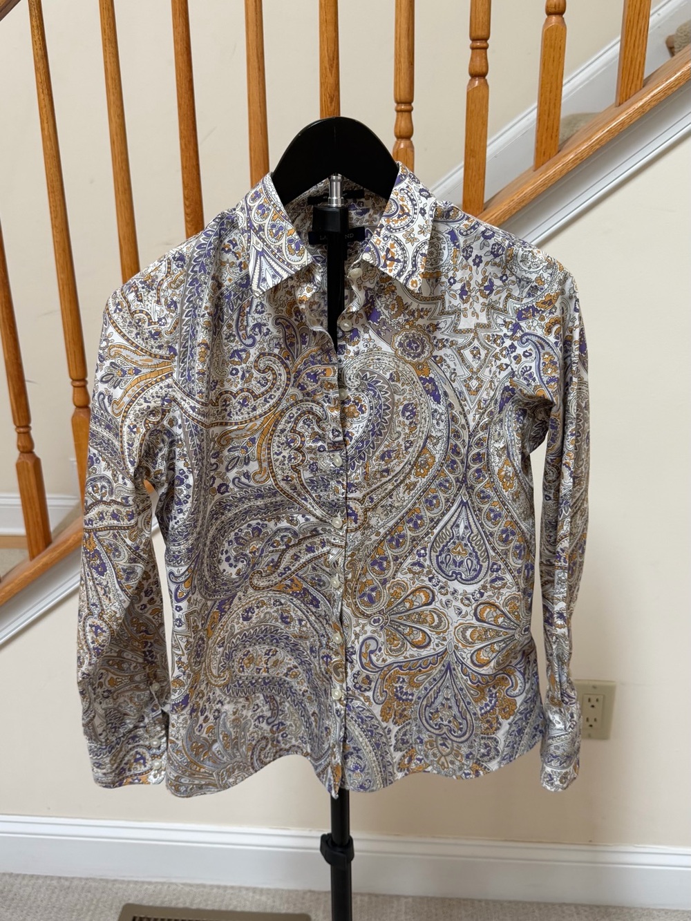 Lands' End Paisley Button-Up Shirt in White, Purple & Gold